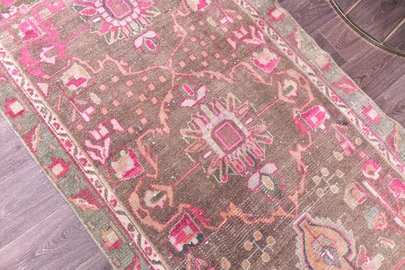 3x12 Antique Persian Heriz Runner Rug, Brown Pink Color, Handmade Oriental Rug, 3x12 Hallway Rug, 3x12 Persian Runner, 3x12 Rug