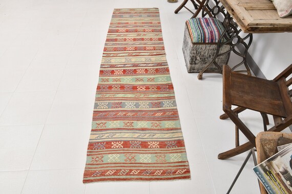 2x9 Runner Rug, 2x9 Kilim Runner, 2x9 TURKISH KILIM RUNNER, 2x9, Handmade Turkey Rug, 2x9 Vintage Runner, Red Green, Turkish Runner 2x9