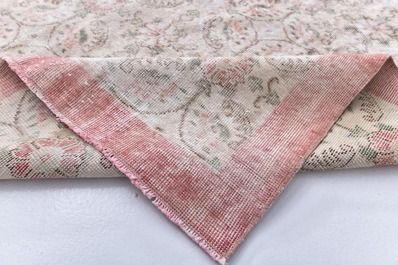 Antique Vintage Turkish Rug, 7x10 Oversize Rug, 7x10 Handmade Wool Oushak Rug, Extra Large Cream and Faded Red Colored Area Rug, 7x10 Rug,