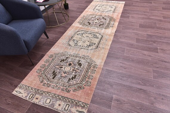 3x10 Vintage Hallway Runnner Rug, 3x10 Handmade Wool, 3x10 Geometric Medallion Runner, Dusty Orange Brown Color, Faded Runner Rug, 3x10 Rug