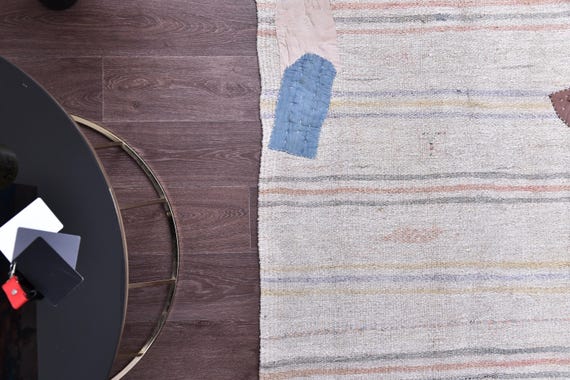 6x9 Vintage Hemp Patchwork Rug, Ivory Pink Red Color, 6x9 Handmade Wool Jute Rug 6x9 Living Room Bedroom Rug, Tribal Kilim Rug Farmhouse Rug