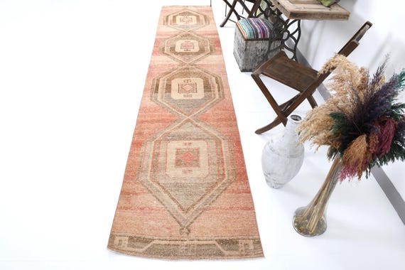 3x13 Tribal Vintage Runner Rug, 3x13 Vintage Runner, 3x13, Long Handmade Persian, 3x13 Rugs, Brown Red Runner Rug, Rustic Home Decor, 56s