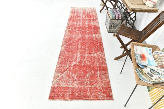 3x11 Runner Rug, 3x11 Vintage Runner, 3x11 Turkish Vintage Runner Rug, Pastel Handmade Wool Rug, 3x11 Rug, Blush Red Carpet, Antique 55s
