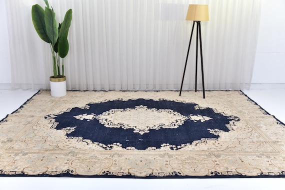 9x11 Navy Blue Gold Area Rug, 9x11 Persian Rug, Large Area Rug, Handmade Luxury Rug, 9x11 Victorian Style Rug, 9x11 Area Rug, Unique Rug
