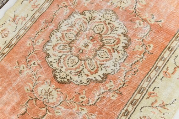 4x7 Rug, 4x7 Vintage Rug, 4x7 PALE TURKISH VINTAGE Rug, Rugged Handmade Wool Rug, Peach Orange Beige Rug, Vintage Rug 4x7, Rugged Carpet 4x7