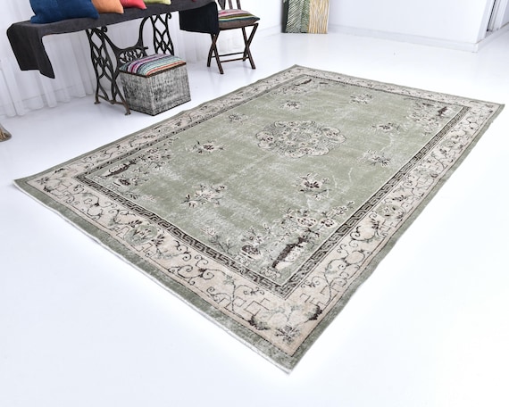 7x10 Oversize Turkish Vintage Rug, Oversize Rug, Large Area Rug, 7x10 Rug, Green & Beige Vintage Rug, Handmade Wool Oushak, 7x10 Rugs, 58s