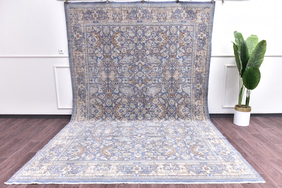 8x12 Neutral Wool Cotton Oriental Large Rug, Natural Fiber, Outlet, Blue Terracotta Color