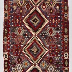 5x10 KİLİM RUG, Faded Blue & Red Vintage Style Geometric Area Rug, Handmade Wool Geometric Pattern Living Room Tapis, 1960s Antique Carpets