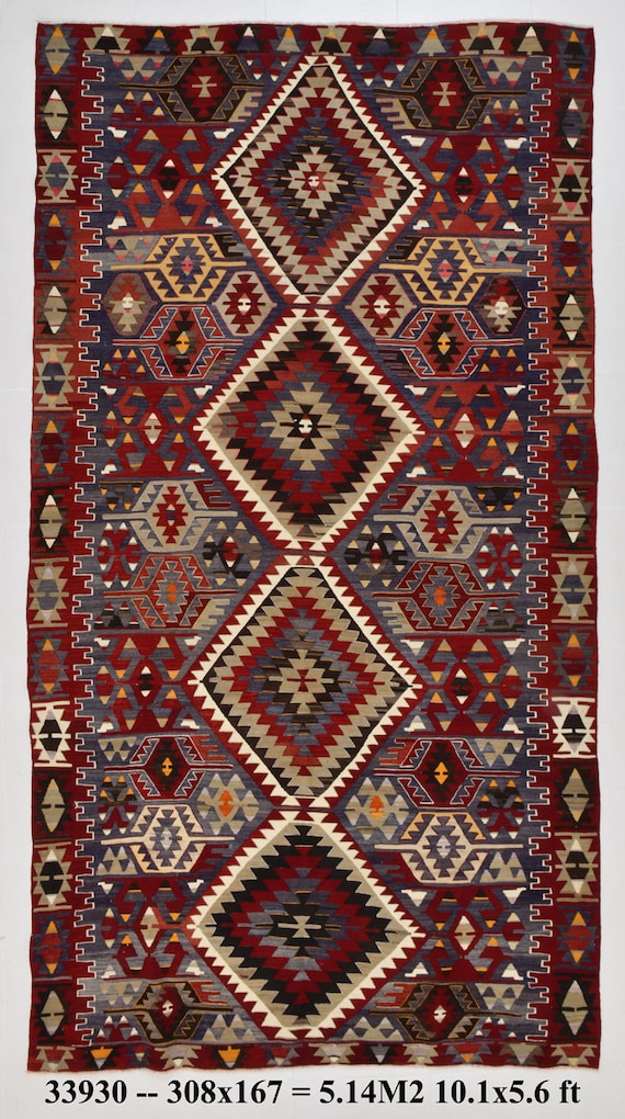 5x10 KİLİM RUG, Faded Blue & Red Vintage Style Geometric Area Rug, Handmade Wool Geometric Pattern Living Room Tapis, 1960s Antique Carpets