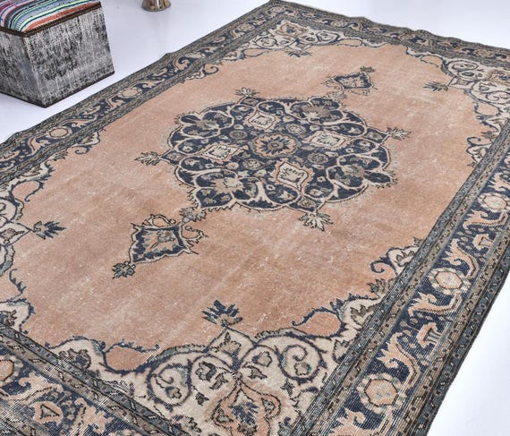 7x10 Antique Vintage Turkish Rug, 7x10 Blue & Brown Rug, 7x10 Extra Large Area Rug, 7x10 Oversize Rug, Handmade Turkish Rug Vintage Area Rug