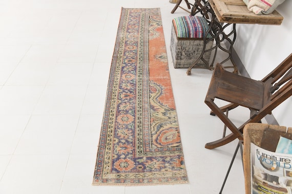 2x12 Runner Rug, 2x12 VINTAGE OUSHAK RUNNER Rug, 2x12, Oushak Runner, Wool Handmade Turkish Rug, Pastel Orange, Vintage Runner,Rug For Entry