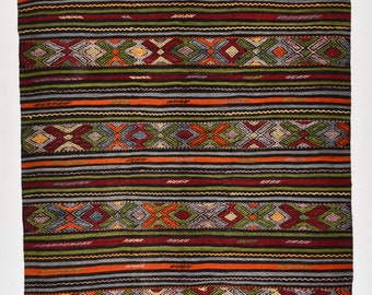 6x9 Area Rug, 6x9 PINSTRIPED TURKISH KILIM Rug, 6x9 Vintage Kilim Rug, Wool Handwoven Turkey Kilim, Rugs 6x9, Blue & Green Kilim, Antique