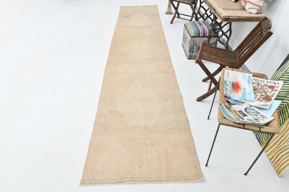3x14 TURKISH VINTAGE RUNNER Rug, 3x14 Turkish Vintage Modern Style Runners Rugged Handmade Wool Rug 3x14 Turkish Runner Beige Runner 58s