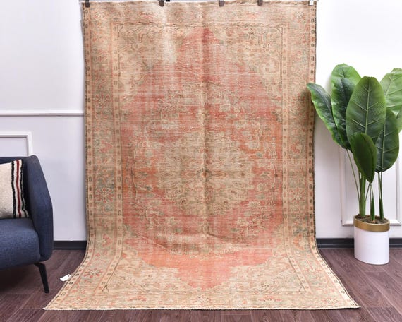 6x9 Neutral Vintage Faded Turkish Medallion Handmade Floral Beige Rug, Outlet
