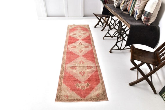 2x10 Runner, 2x10 Vintage Runner, 2x10 Soft Wool Vintage Runner Rug, Handmade Wool Rug, 2x10 Rugs, Red & Beige Carpet, 2x10 Persian Runner