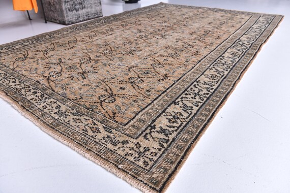 5x8 Faded Distressed Turkish Area Rug, 5x8 Salmon Pink Brown Color, Handmade Wool, Traditional Floral Pattern, 5x8 Living Room Bedroom Rug