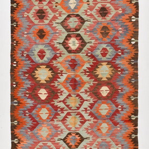 5x11 Area Rug, 5x11 TRIBAL VINTAGE KILIM Rug, 5x11 Turkish Kilim Rug, 5x11, Geometric & Tribal Style Kilim, 5x11 Area Rug, Burgundy Kilim