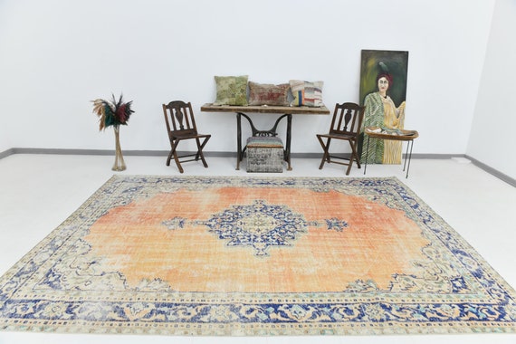 8x12 Soft Pastel Turkish Rug, Oversize Turkish Rug Large Area Rug 8x12 Wool Handmade Vintage 8x12 Rug Blue Orange Rug 8x12 Vintage Rug