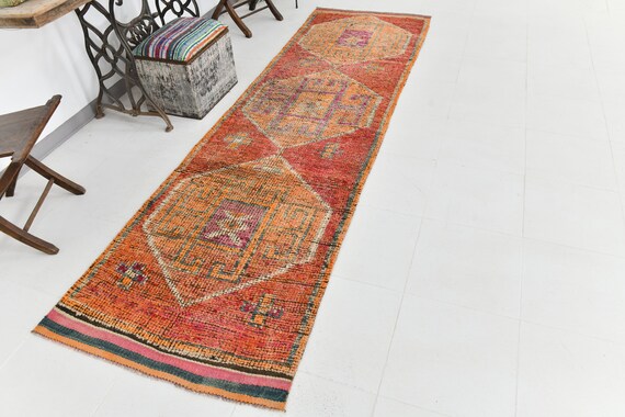 3x10 Vintage Handmade Runner Rug, 3x10 Pale Orange Turkish Vintage Rug, Hallway Runner Rug, 3x10 Natural Rug