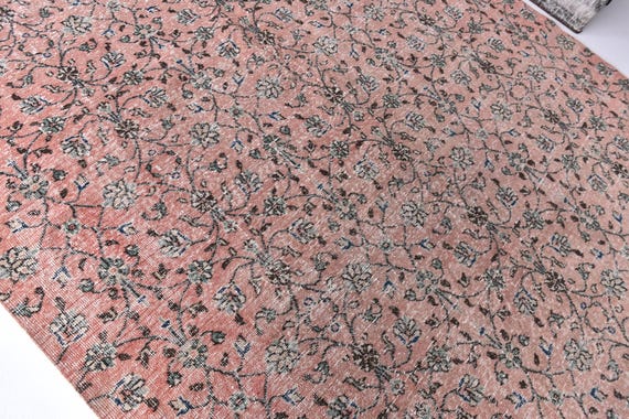 6x10 Vintage Turkish Floral Rug, Salmon Green Color, Perfect For Living Room, Bedroom, 6x10 Handmade Area Rug, 6x10 Floral Rug, Soft Rug