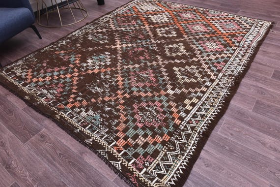 7x9 Antique Turkish Kilim Rug, Handmade Wool Jute Kilim Rug, 7x9 Brown Red Green Color, Authentic Kilim Rug, 7x9 Living Room Bedroom Rug