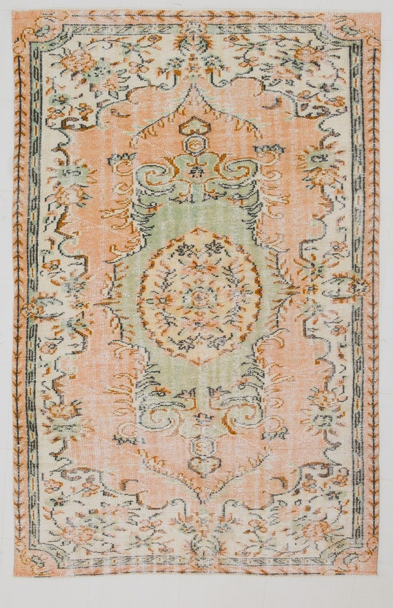 5x8 Area Rug, 5x8 Faded Vintage, 5x8 TURKISH VINTAGE FLORAL Rug, 5x8, Wool Handmade Turkey, 5x8 Rugs, Orange & Green Rug, Anatolian 60s