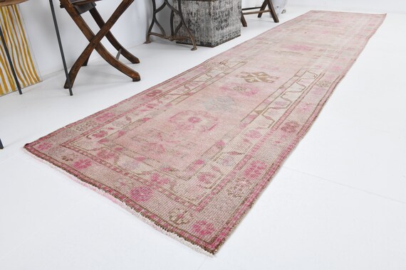 Handmade Wool Oushak Runner Rug: 3x12 Turkish Vintage Hallway Rug