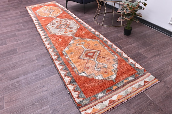 3x11 Vintage Peach Runner Rug, Peach Red Cream Color, Handmade Wool Rug, 3x11 Hallway Kithcen Rug, Soft Wool Rug 3x11 Traditional Runner Rug