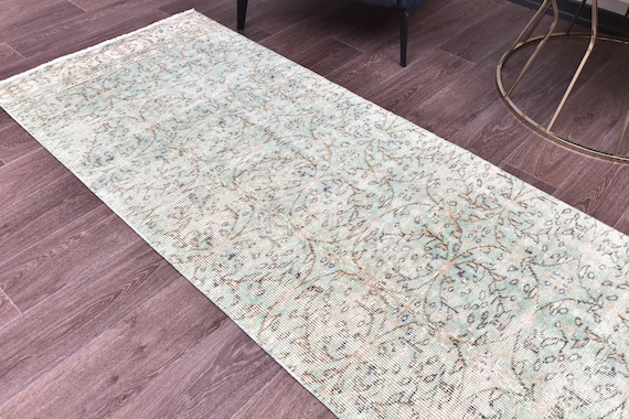2x9 Vintage Faded Runner Rug, Handmade Wool Rug,Green Cream Color, 2x9 Geometric Hallway Rug, 2x9 Kithcen Runner Rug, 2x9 Area Rug