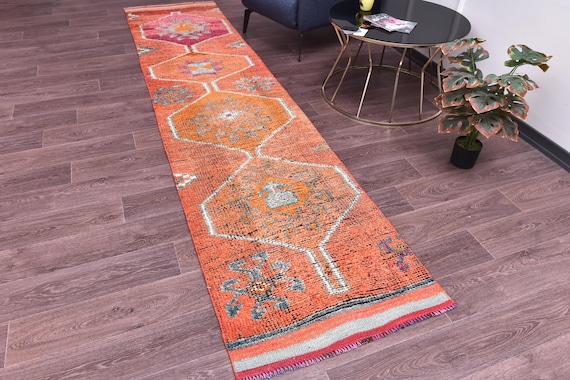 2x11 Handwoven Vintage Runner Rug, Muted Peach Gray Color, Handmade Wool, Tribal Design, Hallway Kithcen Rug