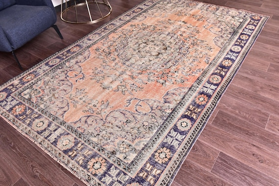 6x10 Vintage Turkish Area Rug, Orange Green Color, 6x10 Handmade Area Rug, 6x10 Floral Rug,  Perfect For Living Room Bedroom, Large area Rug