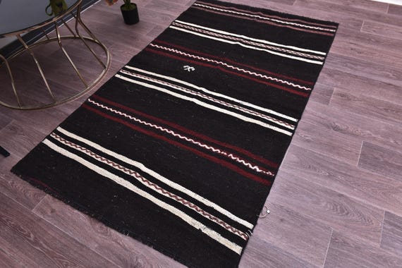 4x6 Vintage Black Kilim Rug, Handmade Accent Rug, 4x6 Living Room Bedroom Rug, Traditional Rug, 4x6 Farmhouse Decor, Wool Jute Kilim Rug