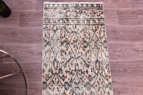 2x6 Vintage Floral Rug, Cream Green Color, 2x6 Handwoven Oriental Runner, 2x6 Hallway Runner Rug, 2x6 Handmade Wool Rug, 2x6 Turkish Rug