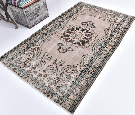 4x6 Elegant Vintage Rug, Green Ivory Mud Color Rug, 4x6 Ornate Area Rug, Traditional Medallion Design, 4x6 Farmhouse Decor Rug, 4x6 Area Rug