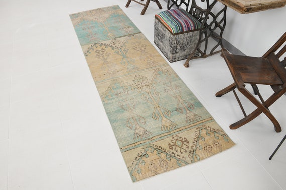 3x9 Antique Faded Runner Rug, 3x9 Vintage Runner Rug, Handmade Wool Faded Rug, 3x9 Turkish Runner, Faded Green, Rugs 3x9, Tribal Rug