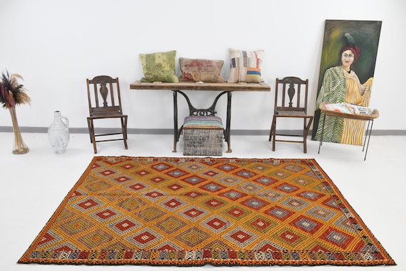 5x8 Area Rug, 5x8 Geometric Kilim, 5x8 VINTAGE TURKISH KILIM Rug, 5x8, Kilim Area Rug, Oushak Handmade Kilim, 5x8 Rugs, Shades Of Yellow Red