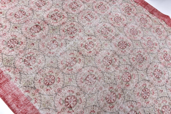 7x9 Antique Floral Rug, Turkish Red Green Colored Rug 7x9, Handmade Home Decor, 7x9 Hand Braided Floral Rug, Vintage Turkish Tapestry