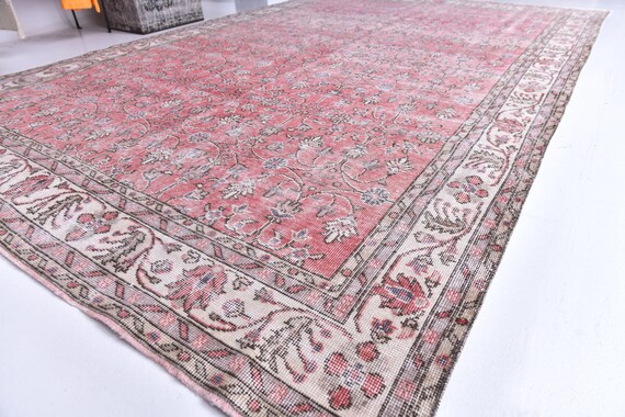 7x10 Vintage Distressed Rug, Dusty Red Ivory Color Rug, Handmade Wool Rug, 7x10 Vintage Tapestry, Dining Area Rug, 7x10 Area Rug, Wool Rug
