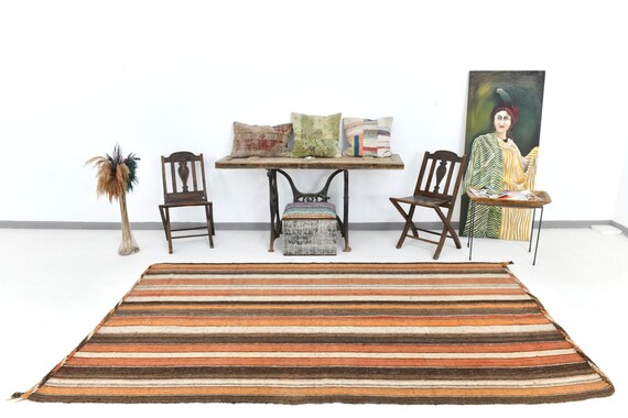 5x9 STRIPE VINTAGE KILIM Rug, 5x9 Rug, Vintage Kilim Rug, 5x9 Kilim Rug, Handmade Wool Rug, Area Rug 5x9, Brown Orange Kilim, Rug For Office
