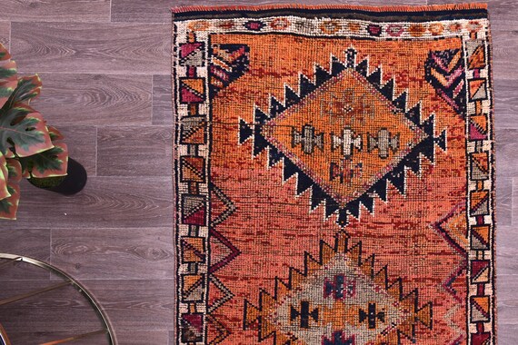 3x10 Vintage Soft Turkish Runnner Rug, 3x10 Handmade Wool, 3x10 Geometric Medallion Runner, Orange Blue Color, 3x10 Hallway Runner Rug,