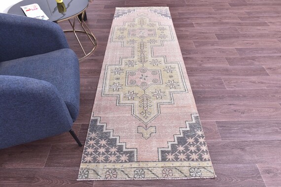 3x8 Vintage Faded Runner Rug, Salmon Mustard Color, 3x8 Handmade Geometric Runner, 3x8 Elegant Runner, 3x8 Hallway Rug, 3x8 Kithcen Rug,