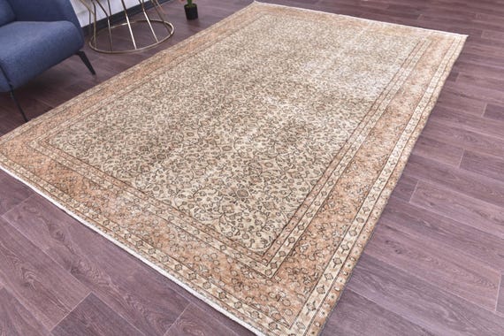 6x9 Vintage Faded Rug, Cream Taupe Color, 6x9 Area Rug, Farmhouse Decor, Botanical Design Rug, 6x9 Rug, Dining Area Rug
