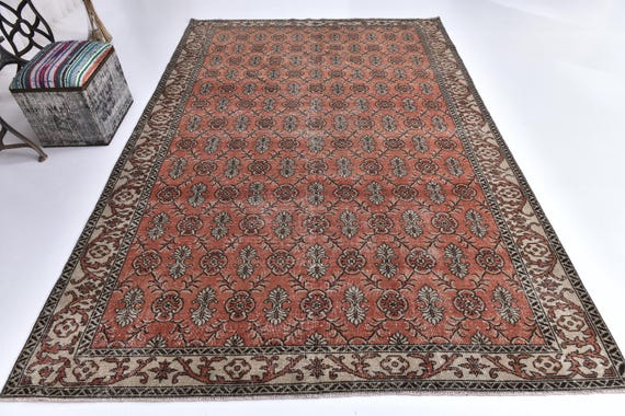 7x10 Antique Vintage Turkish Rug, 7x10 Salmon & Red Color Rug, Handmade Soft Wool Rug, 7x11 Aesthetic Rug, Rug for Living Room, Antique Rug