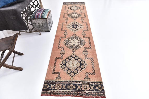 Antique Vintage Turkish Rug, 3x12 Orange & Dark Black Runner Rugs, 3x12 Handmade Soft Wool Runner, 3x9 Runner Rug, 3x9 Rug For Hallway Entry
