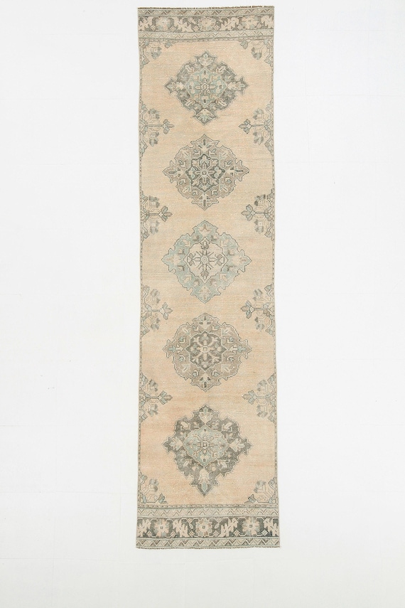 salmon pink 3x11 vintage wool runner rug. muted pink rare vintage runner rug, 3x11 Neutral vintage rug runner. 3x11 medallion runner rug