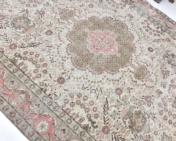 7x10 Pink and Green Persian Rug, 7x10 Persian Rug, 7x10 Rug, Large Handmade Wool Rug, 7x10 Area Rug, 7x10 Vintage Rug, Large Living Room Rug