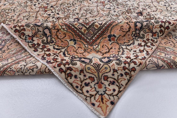7x11 Antique Vintage Turkish Rug, 7x11 Tan, Beige, Taupe Colored Rug, Extra Large Area Rug, 7x11 Floral Handmaded Turkish Rug, Soft Wool Rug