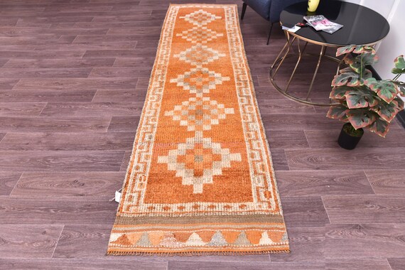 3x10 Vintage Tribal Runner Rug, Orange Cream Color, Handmade Soft Wool Rug, Hallway Runner Rug