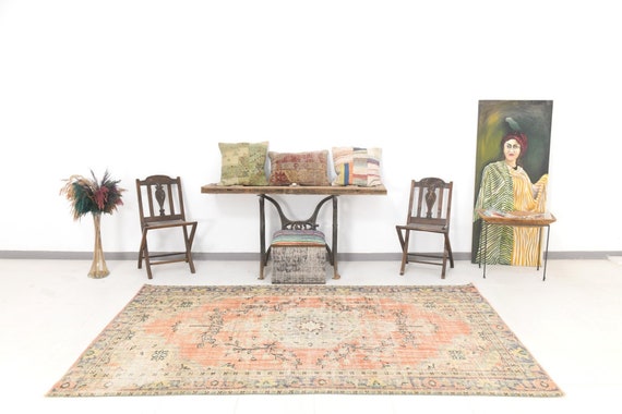 5x9 Vintage Rug, 5x9 Soft Pastel Turkish Vintage Rug, 5x9 Rug, Turkey Handmade Oushak, 5x9 Turkish Rug, Distressed Oriental, Rug For Office