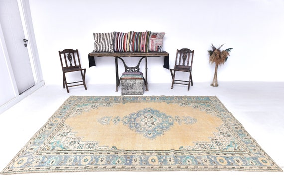 7x10 Yellow Turquoise Turkish Vintage Rug, Oversize Vintage Rug, Large Area Rug, 7x10 Rug, Aesthetic Handmade Rug, 7x10 Area Rug, Antique